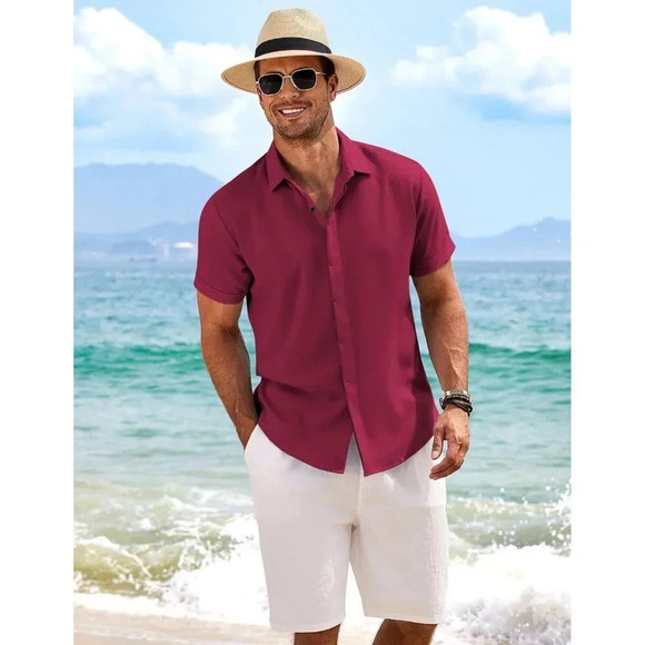 ❤️Men's Red Shirts  Short Sleeve Casual Shirts for Men Beach Summer Shirt - Picture 3 of 6